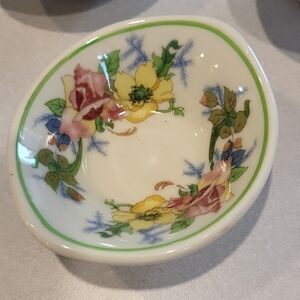 VTG. Ceramic Rose Transfer Small Dish/ Bowl Green Hand Painted Rim Set Of 3